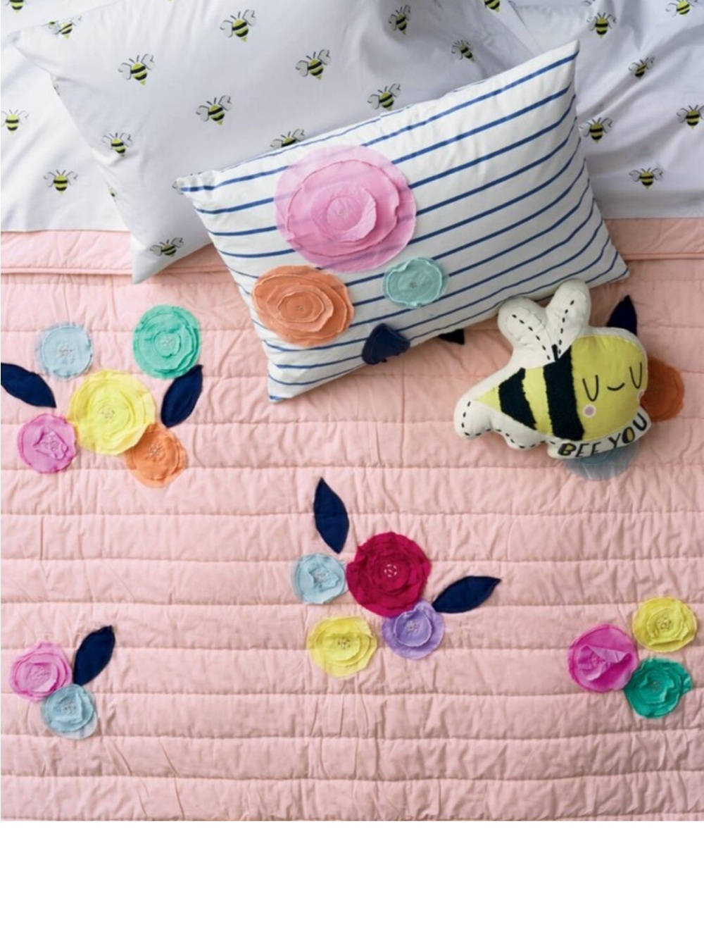Crate&Barrel Pink Quilted Floral Appliqué Throw with Multicolor Rosettes